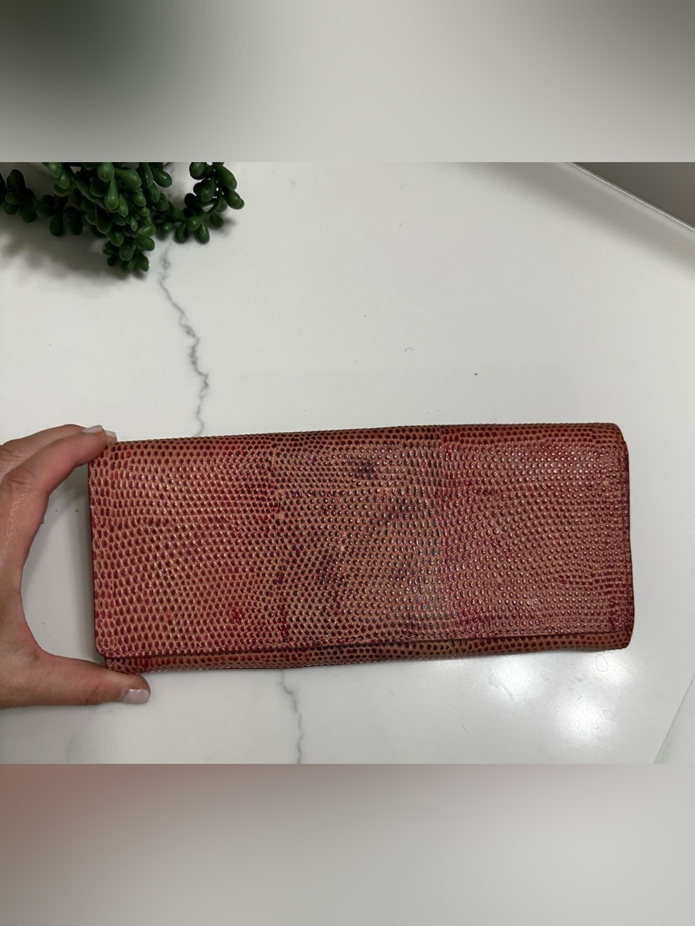 ANN TAYLOR Red Textured Leather clutch with attached silver chain